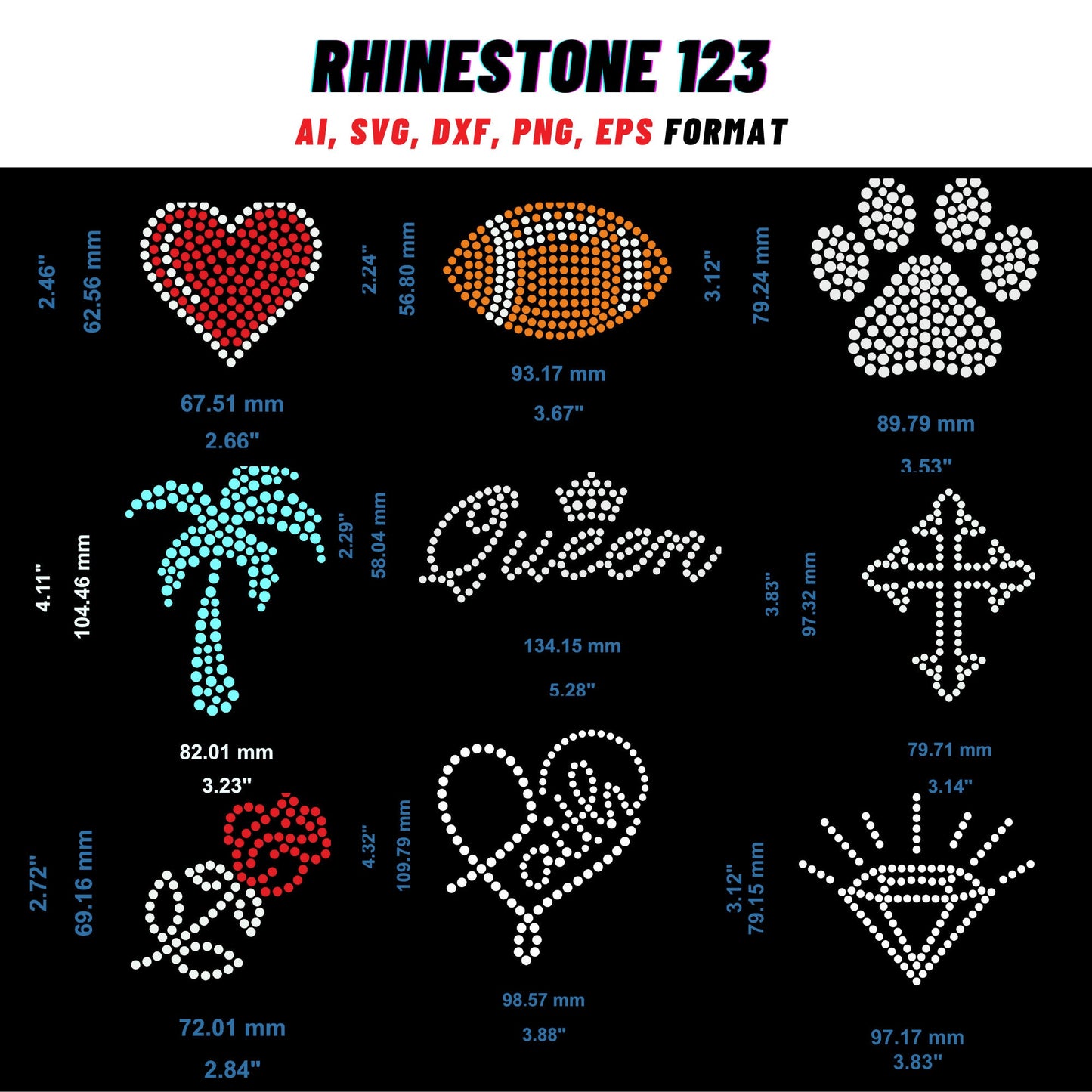 SMALLDESIGN BUNDLE 9 IN 1 Queen svg Red Heart Svg Football Rhinestone Template for Cricut rhinestone template material rhinestone 10ss