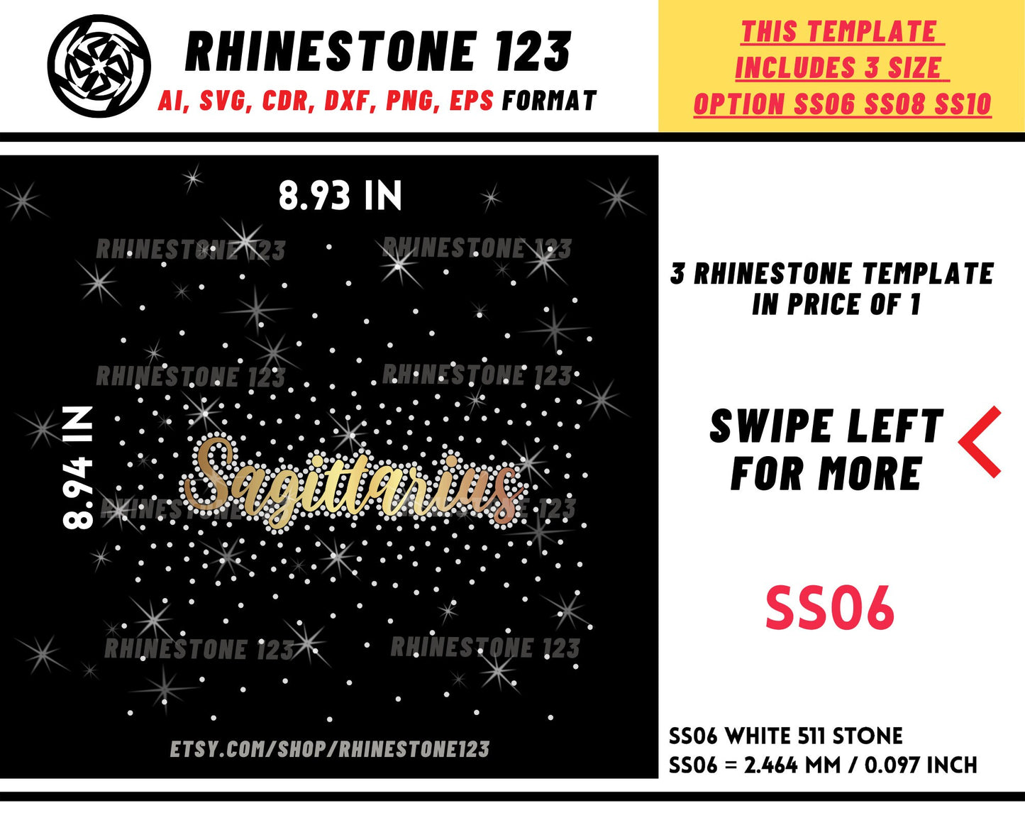 Scattered Fill SAGITTARIUS Rhinestone Template Zodiac Sign Cutting File for SS06 SS08 SS10 Rhinestone 3 in 1 template with vinyl