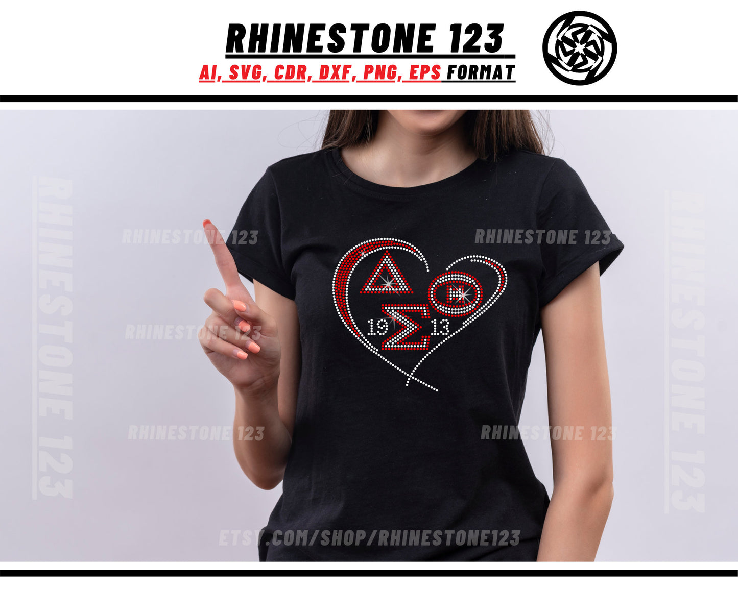 Delta Sigma Theta in Heart Rhinestone Template, Rhinestone File for SS10, Rhinestone SVG, cricut, silhouette, PNG, cdr, dxf, eps, Sorority