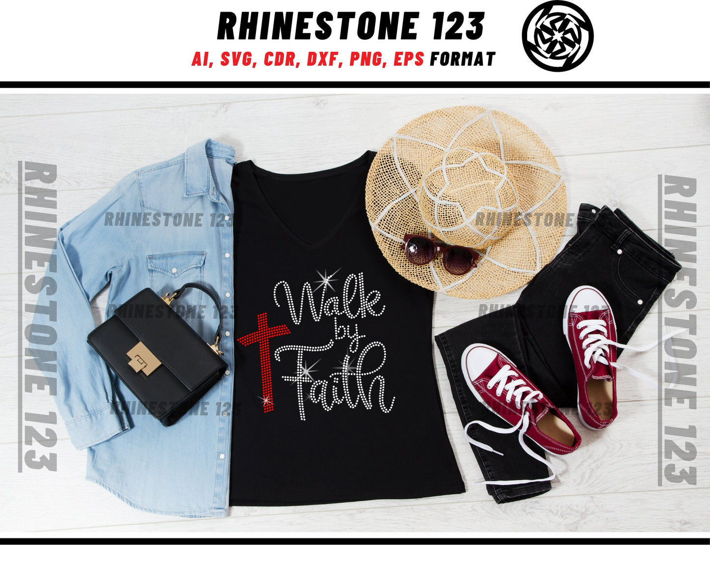 Cross Symbol Walk By Faith Rhinestone Template, Rhinestone File for SS10, Rhinestone SVG, cricut, silhouette, PNG, AI, cdr, dxf, eps
