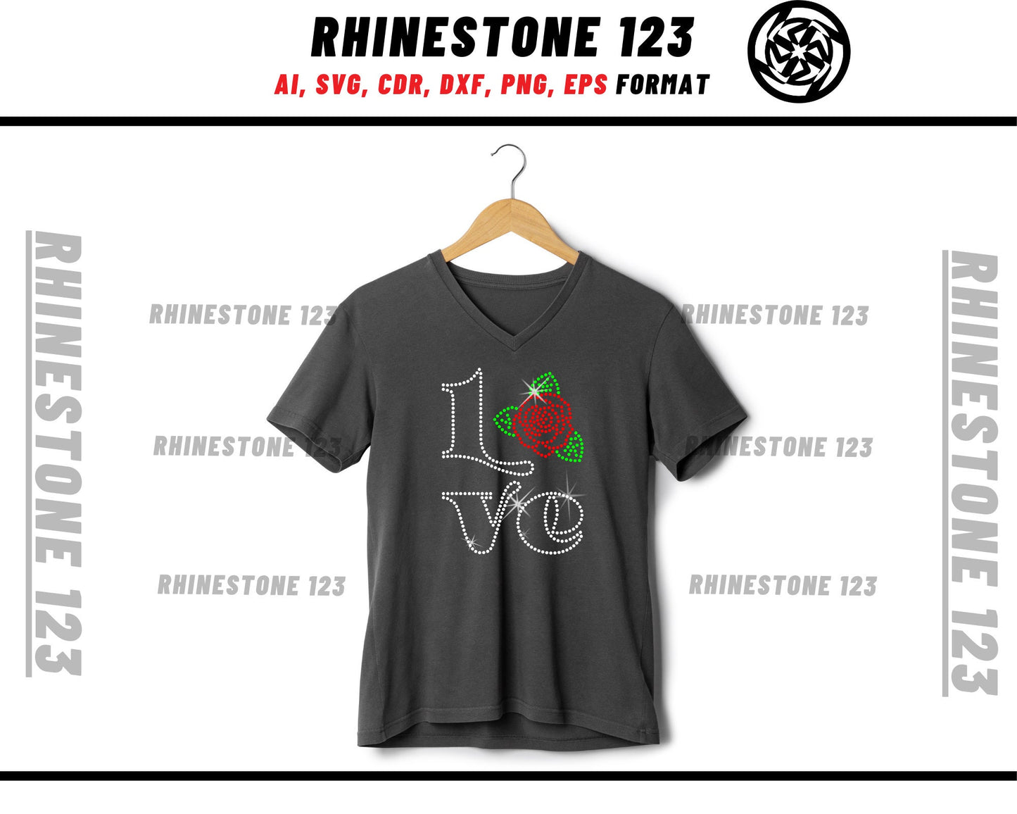Rose Love Rhinestone Template, Rhinestone File for SS10, Rhinestone SVG, cricut, silhouette, PNG, AI, cdr, dxf, eps