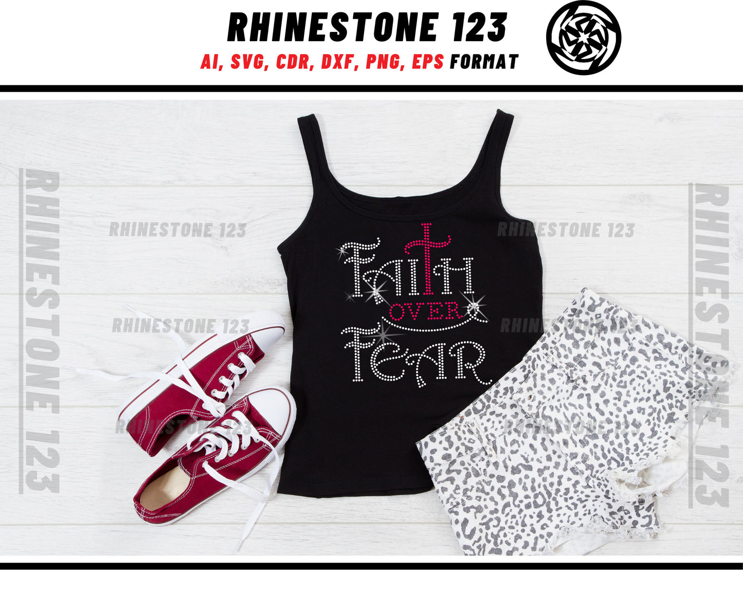 Faith Over Fear Cross Rhinestone Template, Rhinestone File for SS10, Rhinestone SVG, cricut, silhouette, PNG, AI, cdr, dxf, eps