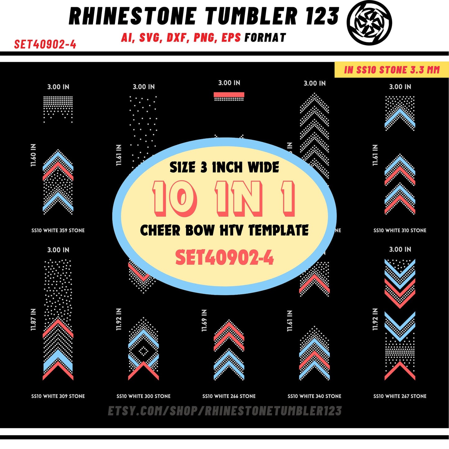 10 Cheer Bow Rhinestone Template with HTV, V tail, 3 inch rhinestone digital download for cricut, svg, eps, png, dxf, cdr, SS10 SET40902-4