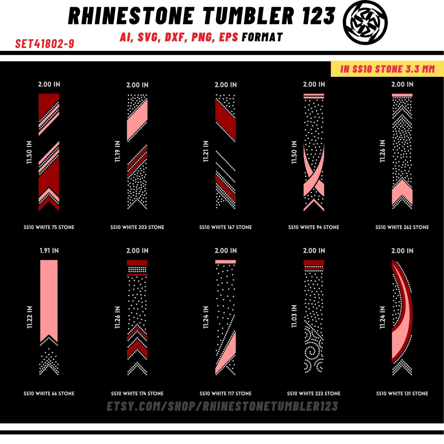 10 Cheer Bow Rhinestone Template with HTV, V tail, 2 inch rhinestone digital download for cricut, svg, eps, png, dxf, cdr, SS10 SET41802-9