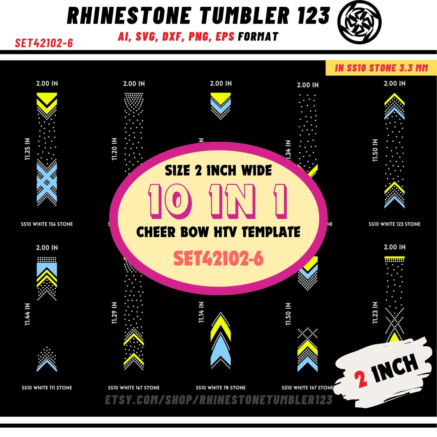 10 Cheer Bow Rhinestone Template with HTV, V tail, 2 inch rhinestone digital download for cricut, svg, eps, png, dxf, cdr, SS10 SET42102-6