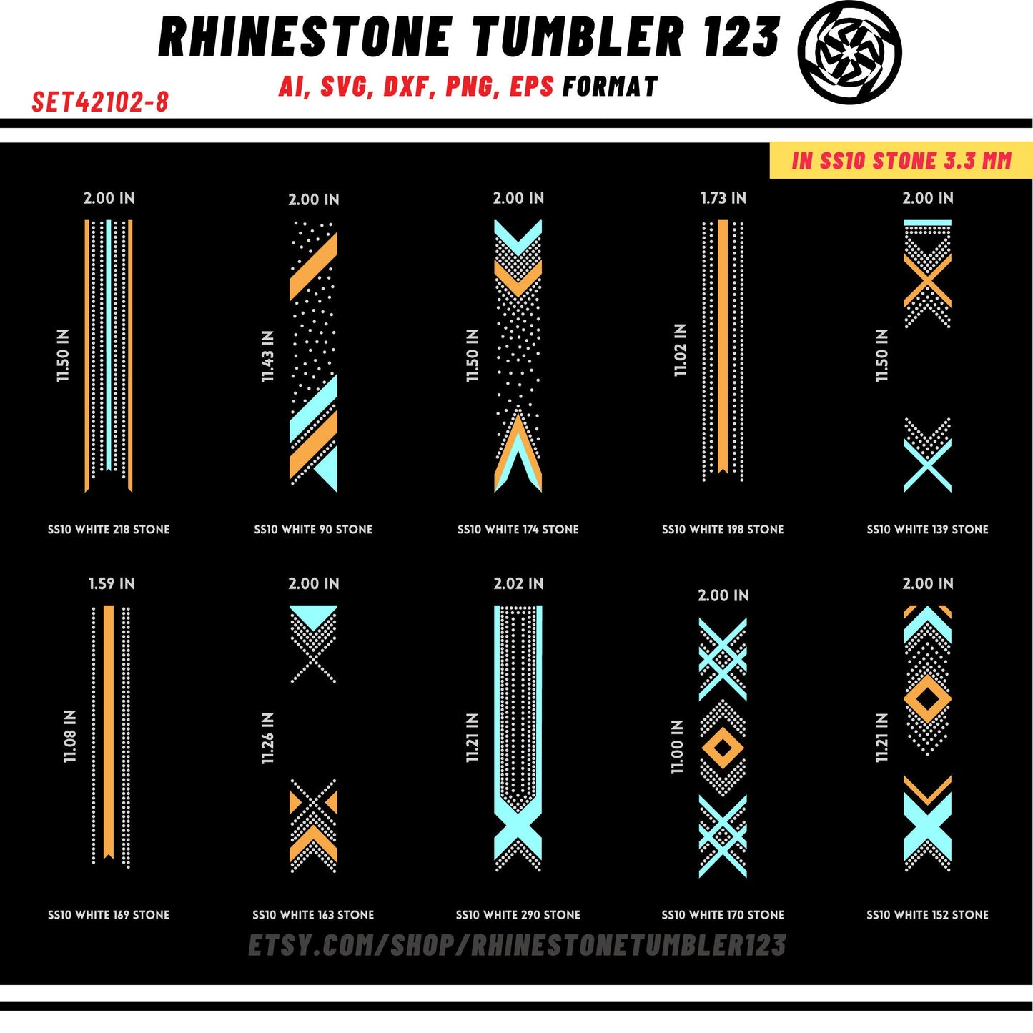 10 Cheer Bow Rhinestone Template with HTV, V tail, 2 inch rhinestone digital download for cricut, svg, eps, png, dxf, cdr, SS10 SET42102-8