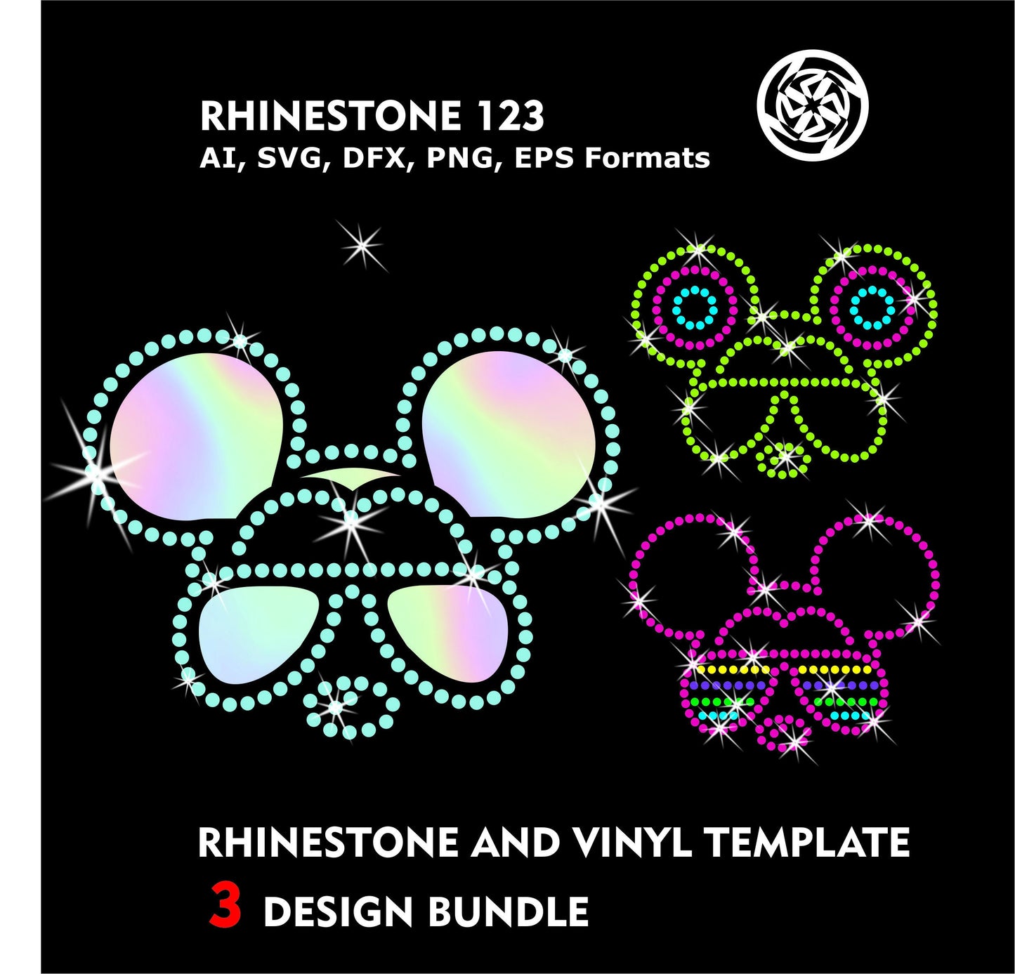 3 bundle Mickey Mouse head rhinestone vinyl template for circut silhouette cameo instant craft png, svg, dxf, ai, vector cutting cut file