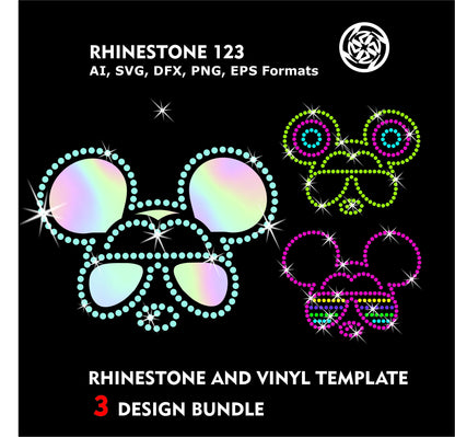 3 bundle Mickey Mouse head rhinestone vinyl template for circut silhouette cameo instant craft png, svg, dxf, ai, vector cutting cut file