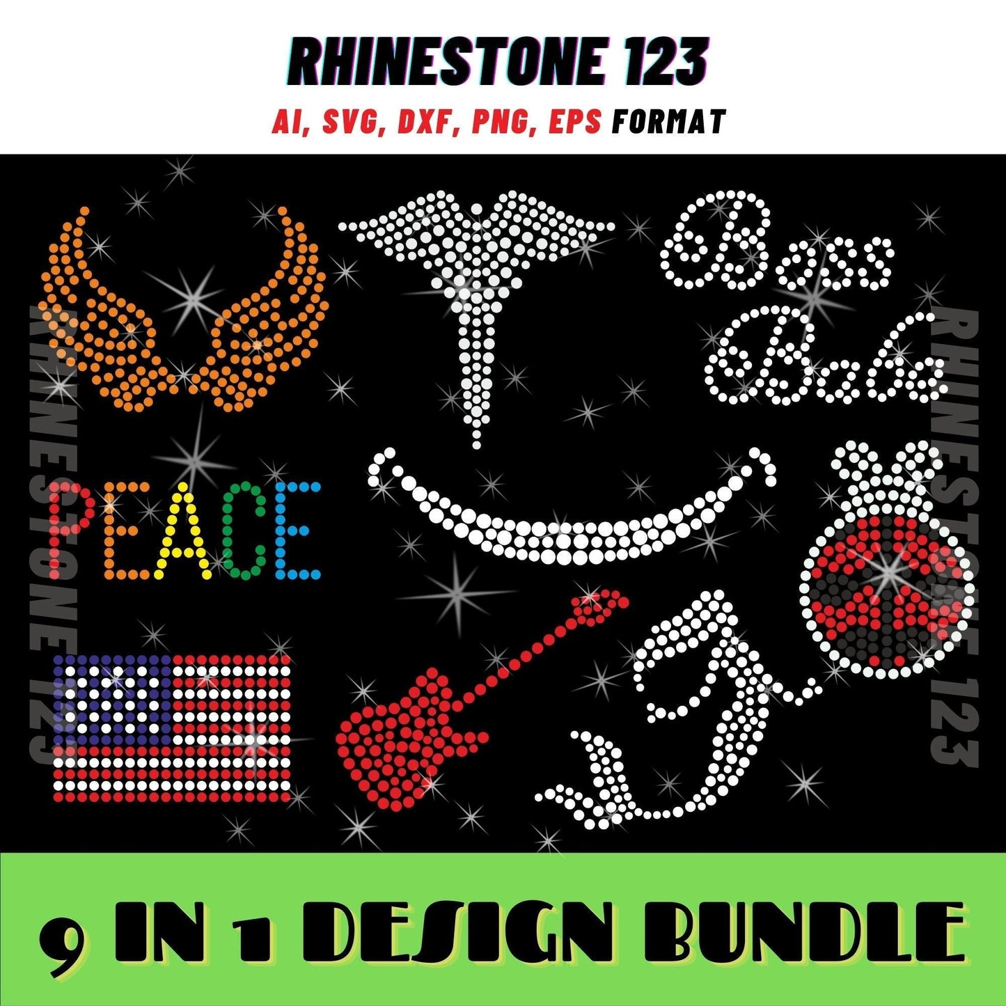 SMALL DESIGN BUNDLE Of 9 Rhinestone svg usa flag svg boss babe Rhinestone Template for Cricut rhinestone template material rhinestone 10ss