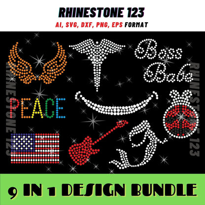 SMALL DESIGN BUNDLE Of 9 Rhinestone svg usa flag svg boss babe Rhinestone Template for Cricut rhinestone template material rhinestone 10ss