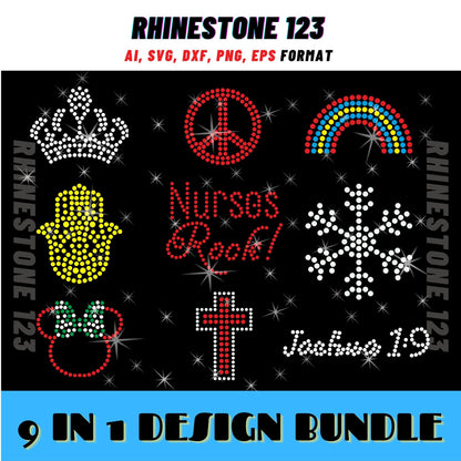 SMALL DESIGN BUNDLE Of 9 Crown svg Hamsa Hand Svg Snowflake Rhinestone Template for Cricut rhinestone template material rhinestone 10ss