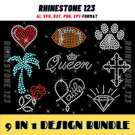 SMALLDESIGN BUNDLE 9 IN 1 Queen svg Red Heart Svg Football Rhinestone Template for Cricut rhinestone template material rhinestone 10ss