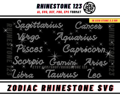 BUNDLE ALL Zodiac Sign Rhinestone Template writing 12 in 1 for Tshirts rhinestone template material Svg Eps Png Ai Dxf rhinestone projects