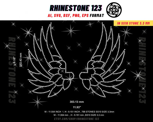 RHINESTONE WINGS Rhinestone template, wings svg, angel wings svg, angel svg, memorial svg, Rhinestone templates, rhinestone ss10, ai png eps