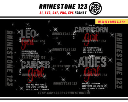 ALL Zodiac Sign rhinestone template BUNDLE 12 in 1 Rhinestone Template for shirts, rhinestone template material, Eps, Png, Ai, Dxf,