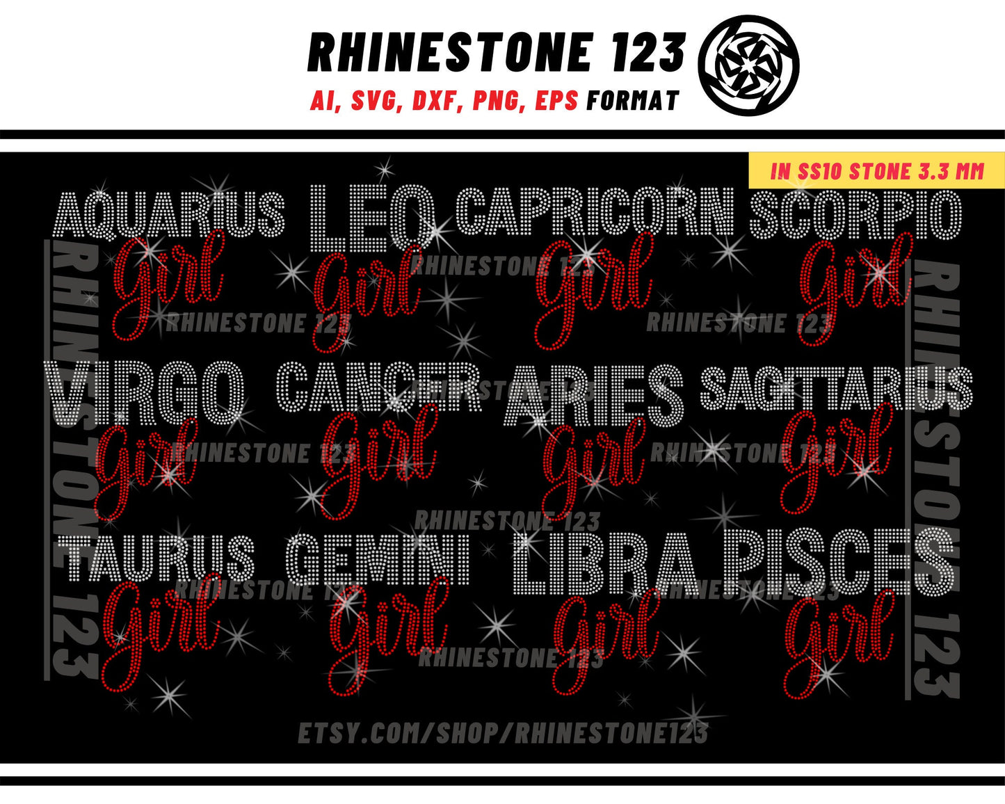 ALL Zodiac Sign rhinestone template BUNDLE 12 in 1 Rhinestone Template for shirts, rhinestone template material, Eps, Png, Ai, Dxf,