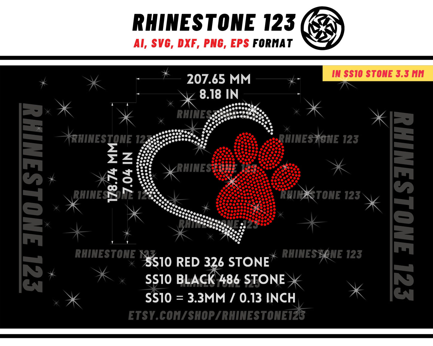 PAW in HEART Rhinestone Template for Cricut rhinestone template material rhinestone 10ss Instant Download File ai svg png cdr dxf eps