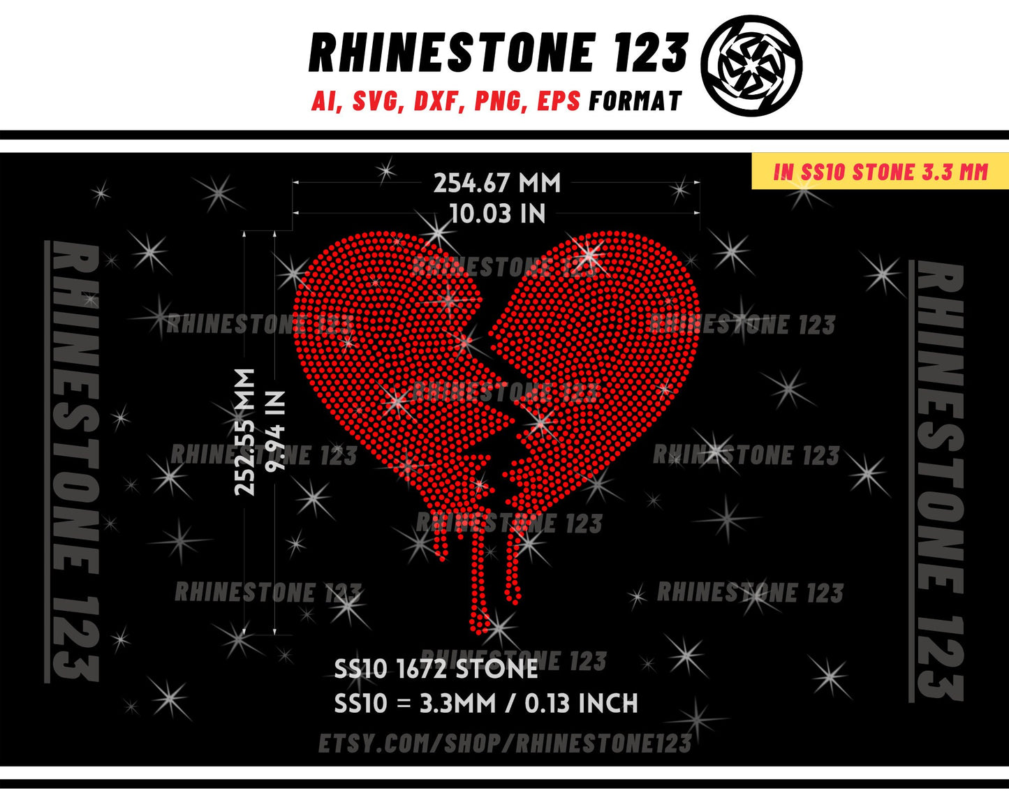 Broken DRIPPING HEART Rhinestone Template for Cricut rhinestone template material rhinestone 10ss Instant Download File ai svg png dxf eps