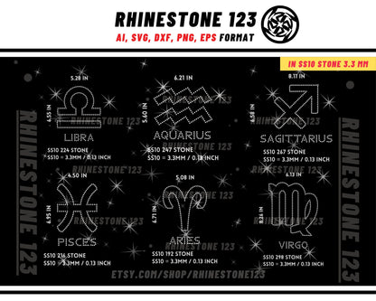 Zodiac Sign rhinestone template BUNDLE 12 in 1 Rhinestone Template for shirts, rhinestone template material, Eps, Png, Ai, Dxf, cdr, svg