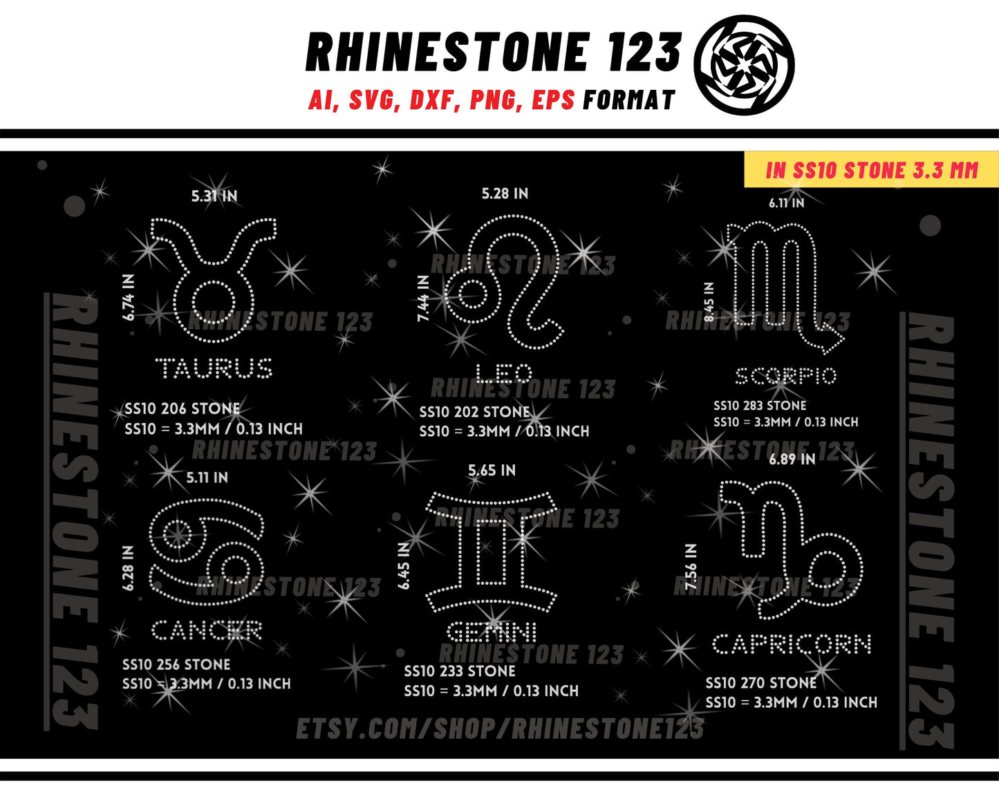 Zodiac Sign rhinestone template BUNDLE 12 in 1 Rhinestone Template for shirts, rhinestone template material, Eps, Png, Ai, Dxf, cdr, svg