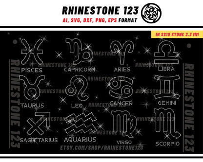 Zodiac Sign rhinestone template BUNDLE 12 in 1 Rhinestone Template for shirts, rhinestone template material, Eps, Png, Ai, Dxf, cdr, svg