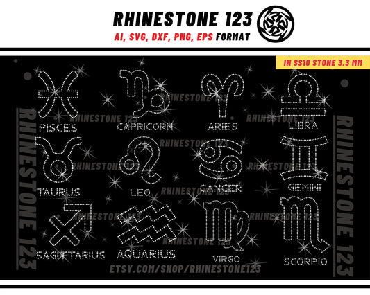 Zodiac Sign rhinestone template BUNDLE 12 in 1 Rhinestone Template for shirts, rhinestone template material, Eps, Png, Ai, Dxf, cdr, svg