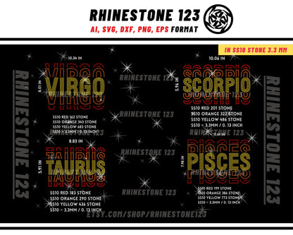 ALL Zodiac Sign template Tiled BUNDLE 12 in 1 Rhinestone Template for shirts, rhinestone template material, Svg, Eps, Png, Ai, Dxf, Cdr