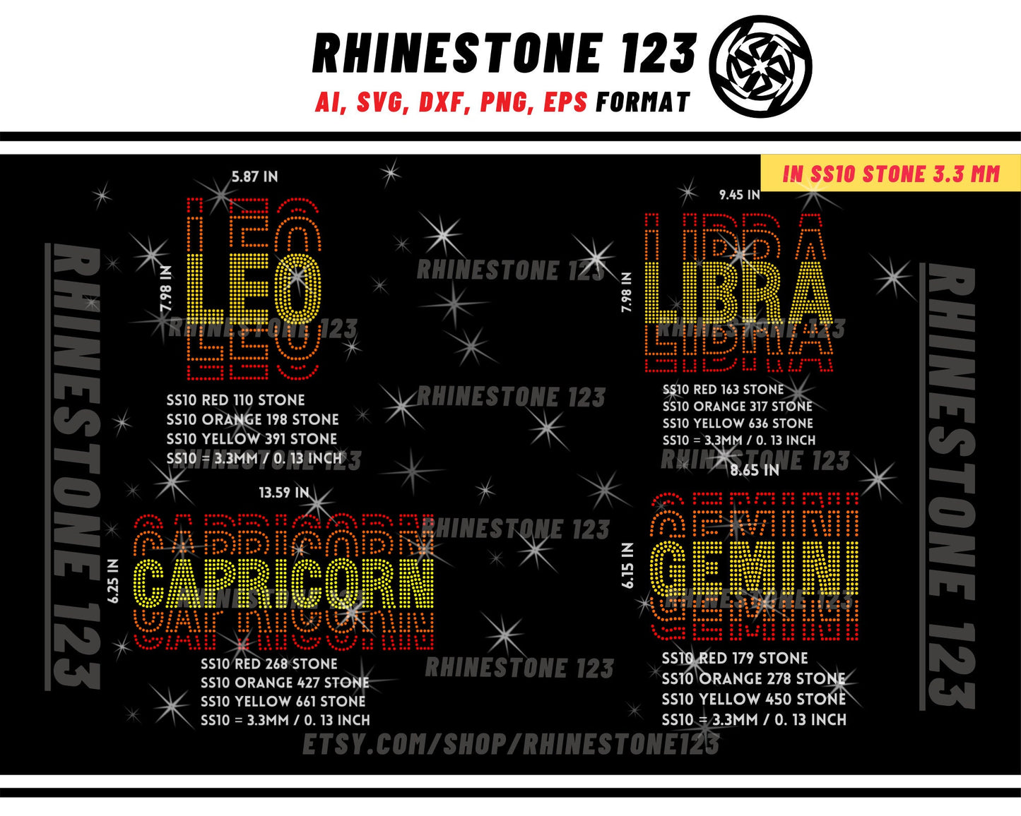 ALL Zodiac Sign template Tiled BUNDLE 12 in 1 Rhinestone Template for shirts, rhinestone template material, Svg, Eps, Png, Ai, Dxf, Cdr