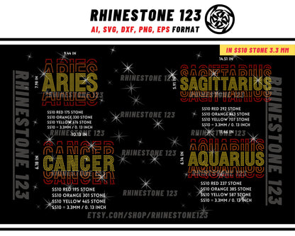 ALL Zodiac Sign template Tiled BUNDLE 12 in 1 Rhinestone Template for shirts, rhinestone template material, Svg, Eps, Png, Ai, Dxf, Cdr