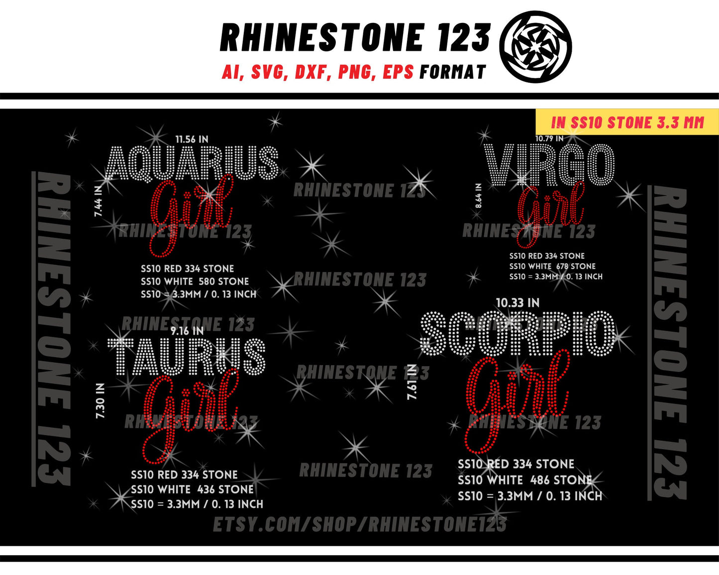 ALL Zodiac Sign rhinestone template BUNDLE 12 in 1 Rhinestone Template for shirts, rhinestone template material, Eps, Png, Ai, Dxf,