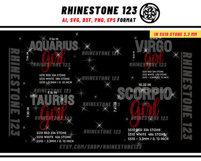 ALL Zodiac Sign rhinestone template BUNDLE 12 in 1 Rhinestone Template for shirts, rhinestone template material, Eps, Png, Ai, Dxf,