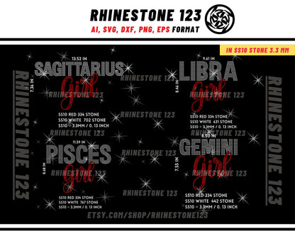 ALL Zodiac Sign rhinestone template BUNDLE 12 in 1 Rhinestone Template for shirts, rhinestone template material, Eps, Png, Ai, Dxf,