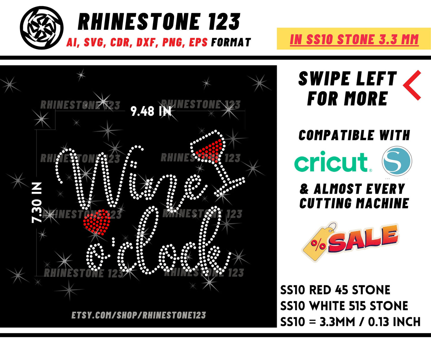 Wine O Clock Rhinestone Template Cutting File for SS10 Rhinestone SVG template for cricut silhouette cameo PNG Ai cdr dxf eps