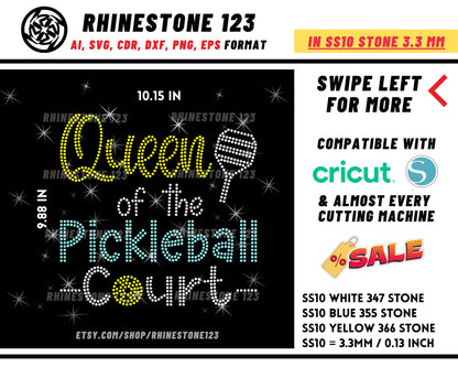 Queen of the PickleBall Court Rhinestone Template Cutting File for SS10 Rhinestone SVG template for cricut silhouette cameo PNG AI cdr dxf