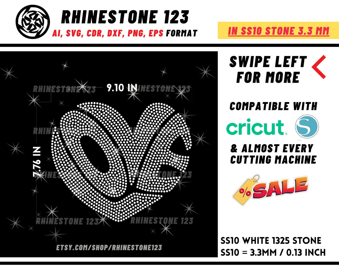 Love Heart Rhinestone Template Cutting File for SS10 Rhinestone SVG template for cricut silhouette cameo PNG AI cdr dxf eps