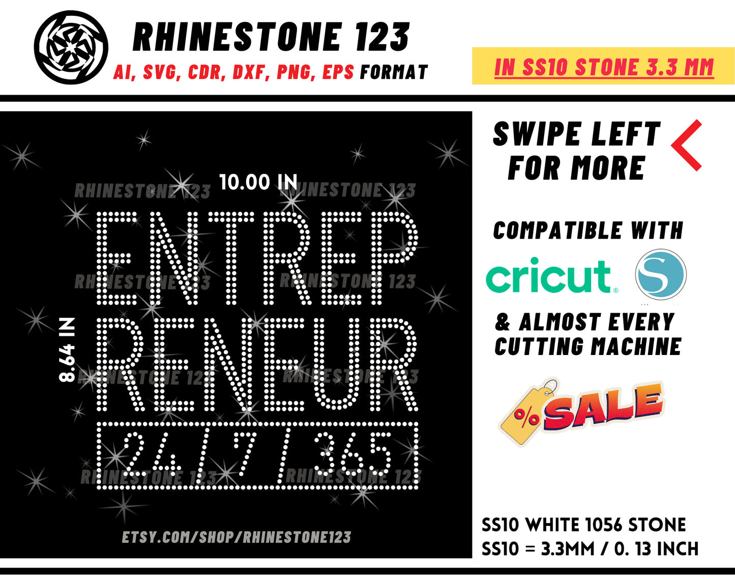 Entrepreneur 24 7 365 Rhinestone Template for Cricut rhinestone template material rhinestone SS10 Instant Download File svg eps png dxf ai