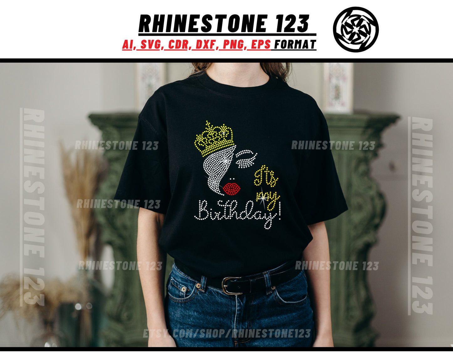 Its My Birthday Crowned Lady Rhinestone Template Cutting File for SS10 Rhinestone SVG template for cricut silhouette cameo PNG AI cdr dxf