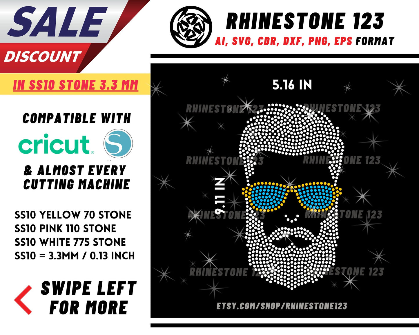 Dude Cool SunGlasses Beard Man Rhinestone Template, cricut, silhouette, Rhinestone SVG, Rhinestone File for SS10, PNG, AI, cdr, dxf, eps