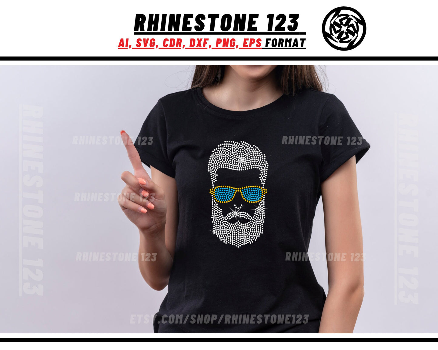 Dude Cool SunGlasses Beard Man Rhinestone Template, cricut, silhouette, Rhinestone SVG, Rhinestone File for SS10, PNG, AI, cdr, dxf, eps