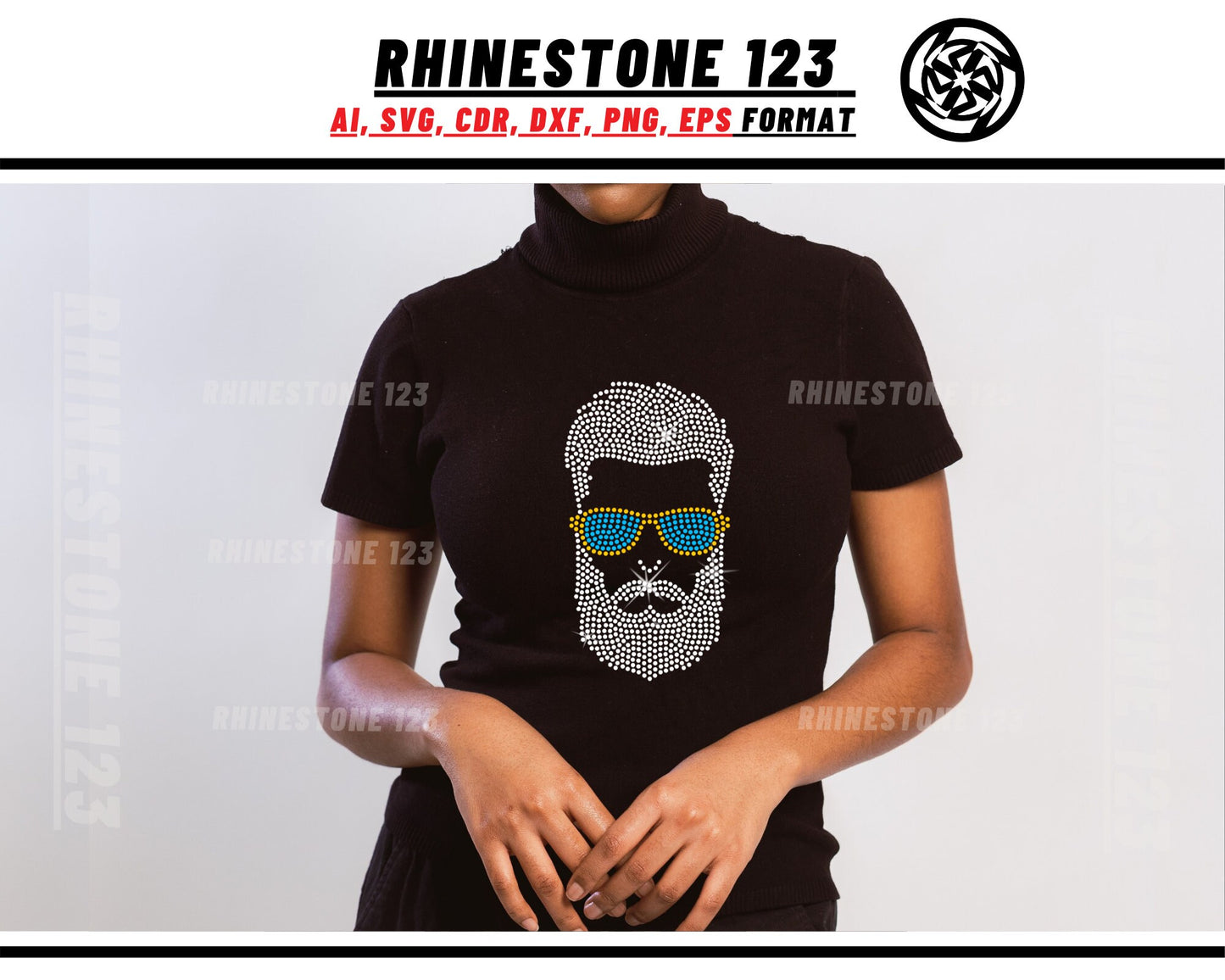 Dude Cool SunGlasses Beard Man Rhinestone Template, cricut, silhouette, Rhinestone SVG, Rhinestone File for SS10, PNG, AI, cdr, dxf, eps