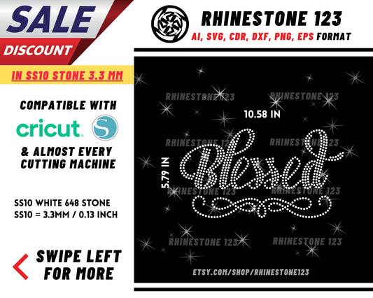 Swirl Blessed Rhinestone Template, Rhinestone SVG, cricut, silhouette, Rhinestone File for SS10, PNG, AI, cdr, dxf, eps