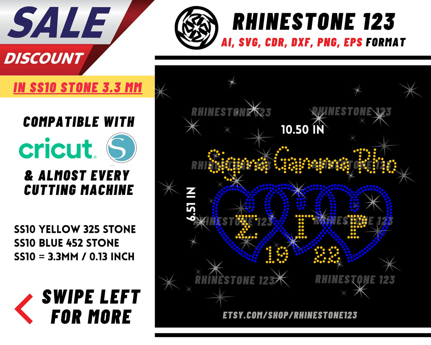 3 Heart Sigma Gamma Rho Rhinestone Template, Rhinestone File for SS10, Rhinestone SVG, cricut, silhouette, PNG, AI, cdr, dxf, eps, Sorority