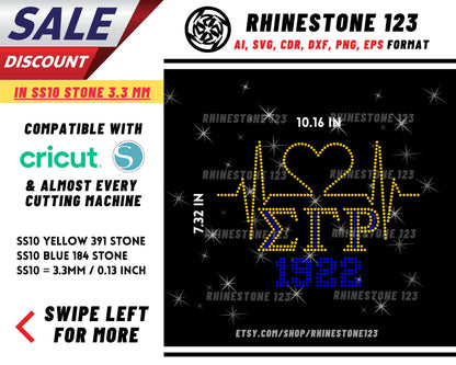 1922 Heartbeat Sigma Rho Rhinestone Template, cricut, silhouette, Rhinestone SVG, Rhinestone File for SS10, PNG, AI, cdr, dxf, eps, Sorority