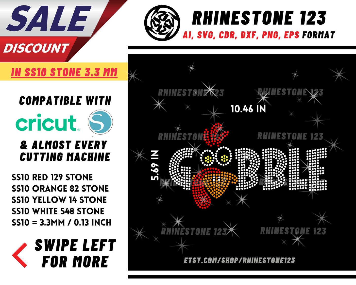 Gobble Turkey Thanks Giving Rhinestone Template, cricut, silhouette, Rhinestone SVG, Rhinestone File for SS10, PNG, AI, cdr, dxf, eps