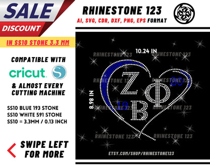 Zeta Phi Beta Heart Rhinestone Template, Rhinestone File for SS10, Rhinestone SVG, cricut, silhouette, PNG, AI, cdr, dxf, eps, Sorority