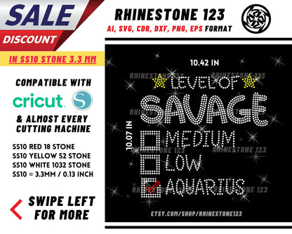 Savage Level Aquarius Rhinestone Template, Rhinestone SVG, cricut, silhouette, Rhinestone File for SS10, PNG, AI, cdr, dxf, eps, Zodiac sign