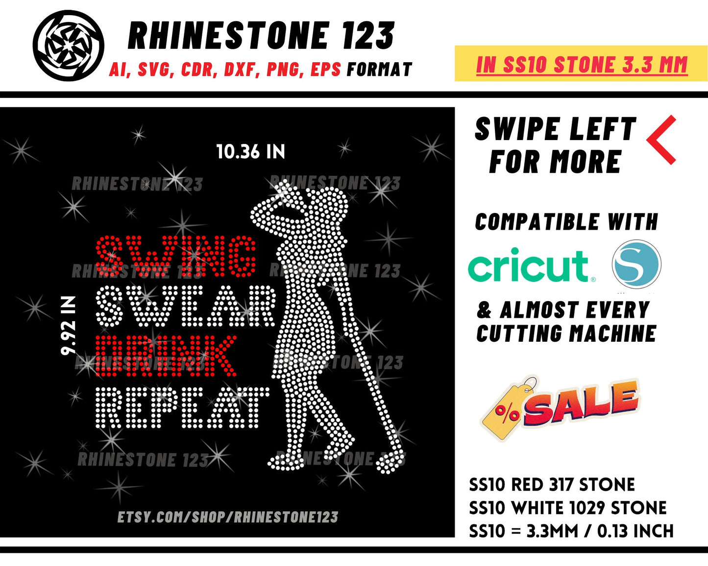 Swing Swear Drink Repeat Rhinestone Template, cricut, silhouette, Rhinestone SVG, Rhinestone File for SS10, PNG, AI, cdr, dxf, eps