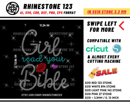 Girl Read Your Bible Rhinestone Template, Rhinestone SVG cricut, silhouette, Rhinestone File for SS10, PNG, AI, cdr, dxf, eps