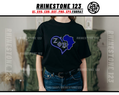 Zeta Phi Beta with Africa Heart Rhinestone Template, cricut, silhouette, Rhinestone SVG, Rhinestone File for SS10, PNG, cdr, dxf, Sorority