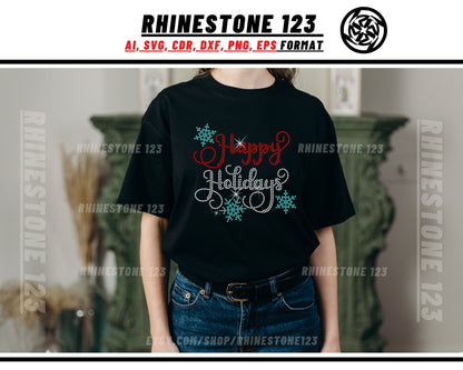 Christmas Happy Holidays Rhinestone Template, cricut, silhouette, Rhinestone SVG, Rhinestone File for SS10, PNG, AI, cdr, dxf, eps